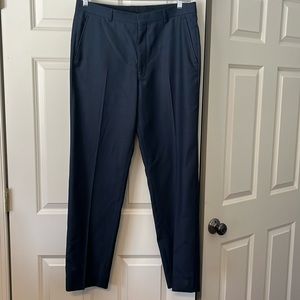 34 waist dark blue dress pants. Hemmed to 34” length. JosABanks but no tag